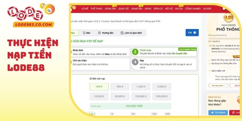 Thực hiện Nạp tiền Lode88